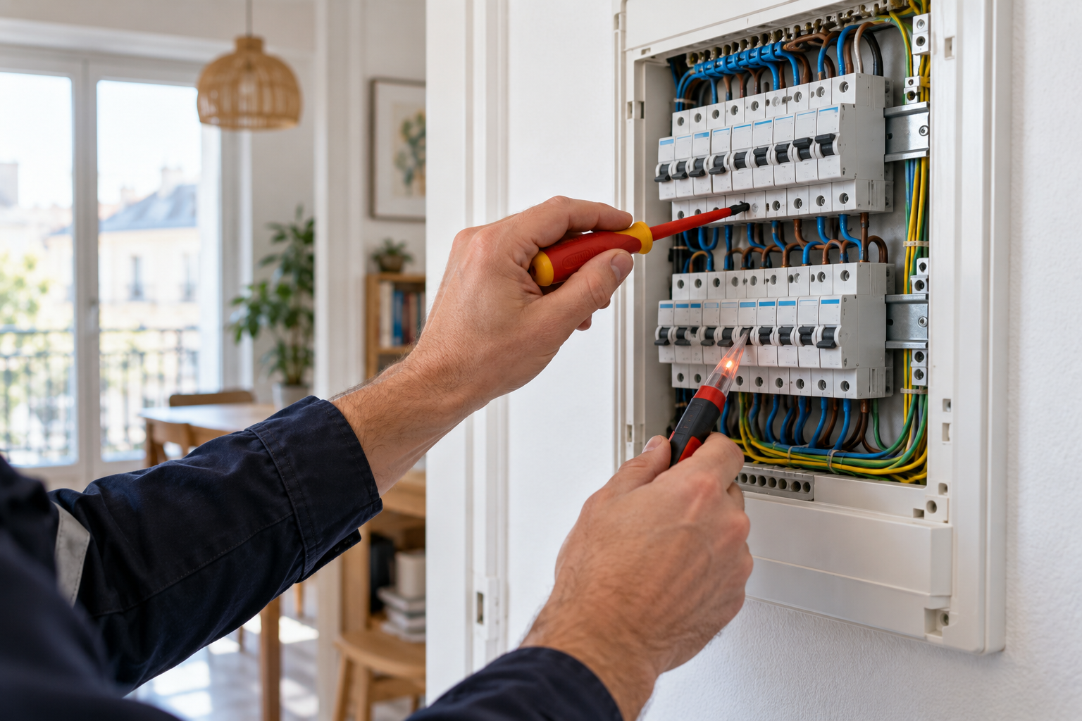 Illustration d’un professionnel intervenant sur un tableau électrique