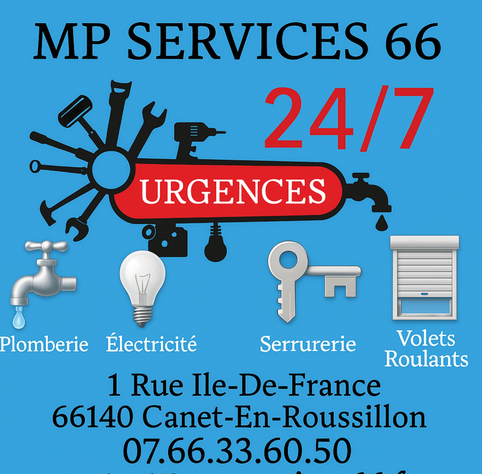 Visuel MP Services 66 : urgences 24/7, plomberie, électricité, serrurerie et volets roulants